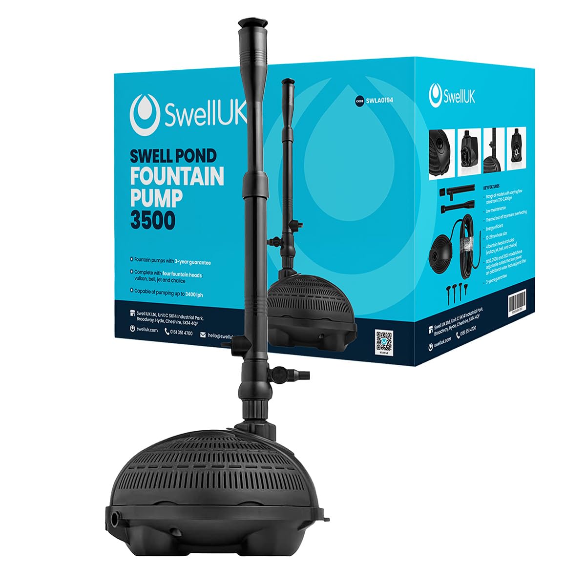 Swell Pond Fountain Pump 3300. Fully Submersible with Strainer Cage. 4 Spray Nozzle Head Attachments Included, for Outdoor Garden Decoration, and 3 Year Guarantee