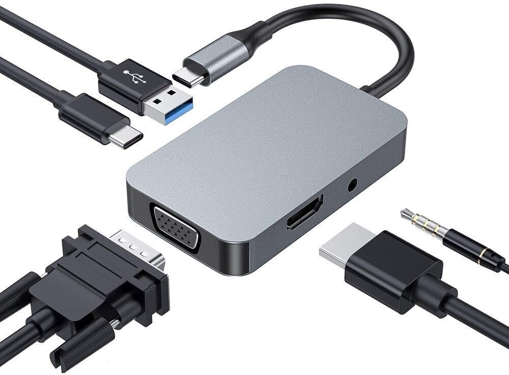 USB C Hub, Type C 5 in 1 Hub Adapter, USB 3.0, Aduio Jack, 1080P VGA, 4K HDMI, USB-C Power Delivery, Aluminum Adapter Compatible with MacBook Pro 2016/2017/2018 and More USB-C Devices (Space grey)