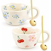 Vesici 2 Pcs Ceramic Coffee Mugs Flower Cups with Spoon Vintage Floral Mugs with Handle 8.5 oz Aesthetic Tea Porcelain Cup Gi