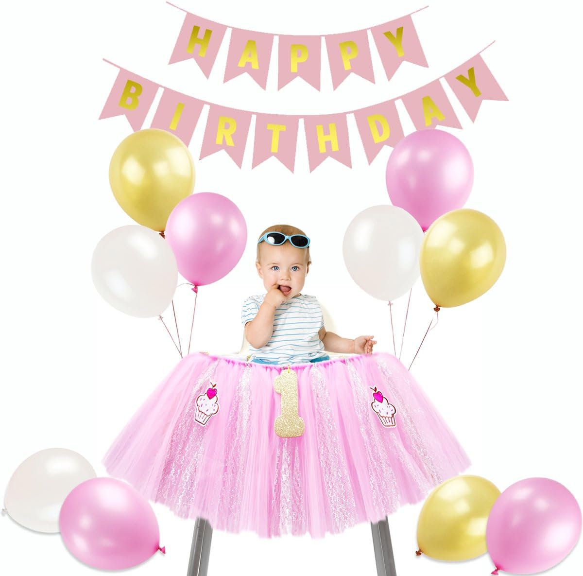 Tutu High Chair Skirt, Happy Birthday Banner- Balloons Set for 1st Birthday Decoration Party Supplies Girl Pink