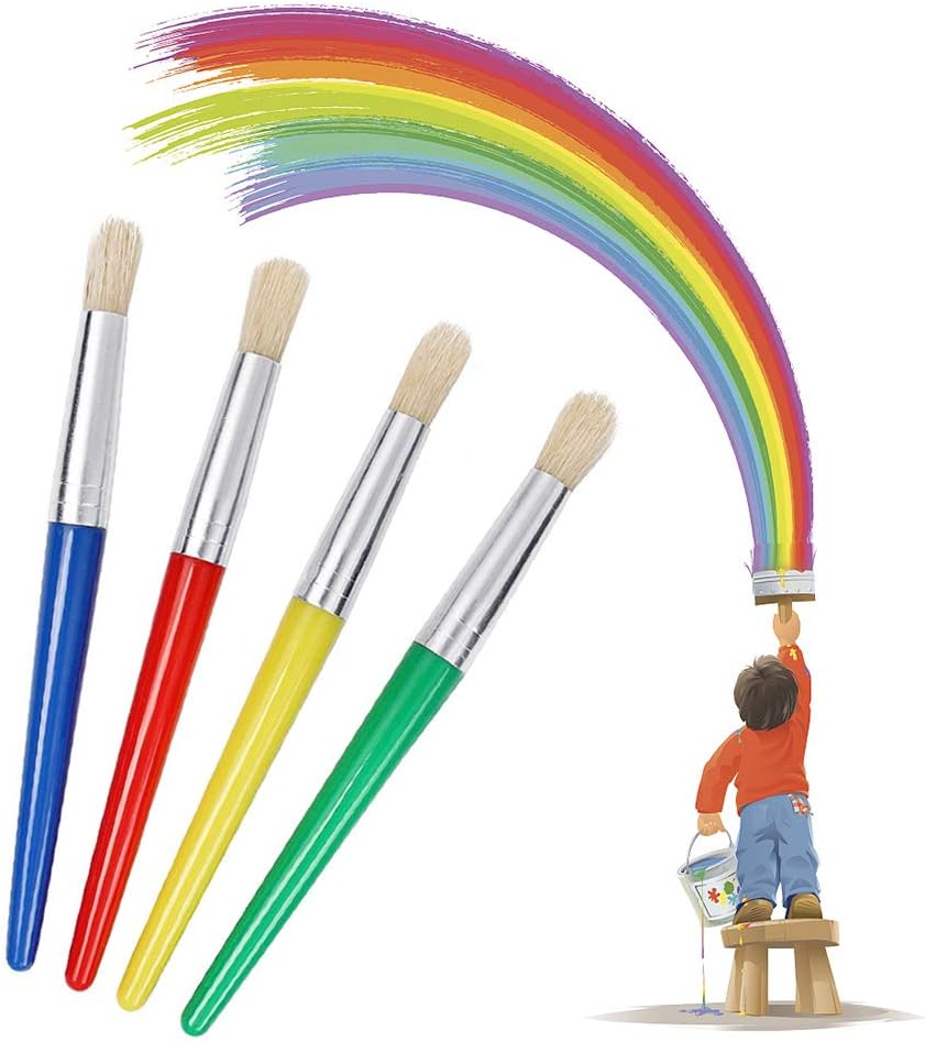 Kids Paint Brushes, 4 Pcs Childrens Paint Brushes Set Flat Tip Painting Brushes Starter Set including Handle and Hog Bristles