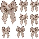 Anshome 8Pcs Christmas Velvet Bows, Champagne Velvet Wreath Gift Bows Vintage Xmas Ribbon Bow Holiday Ornaments for Christmas Tree Garland DIY Craft Wrapping Decor