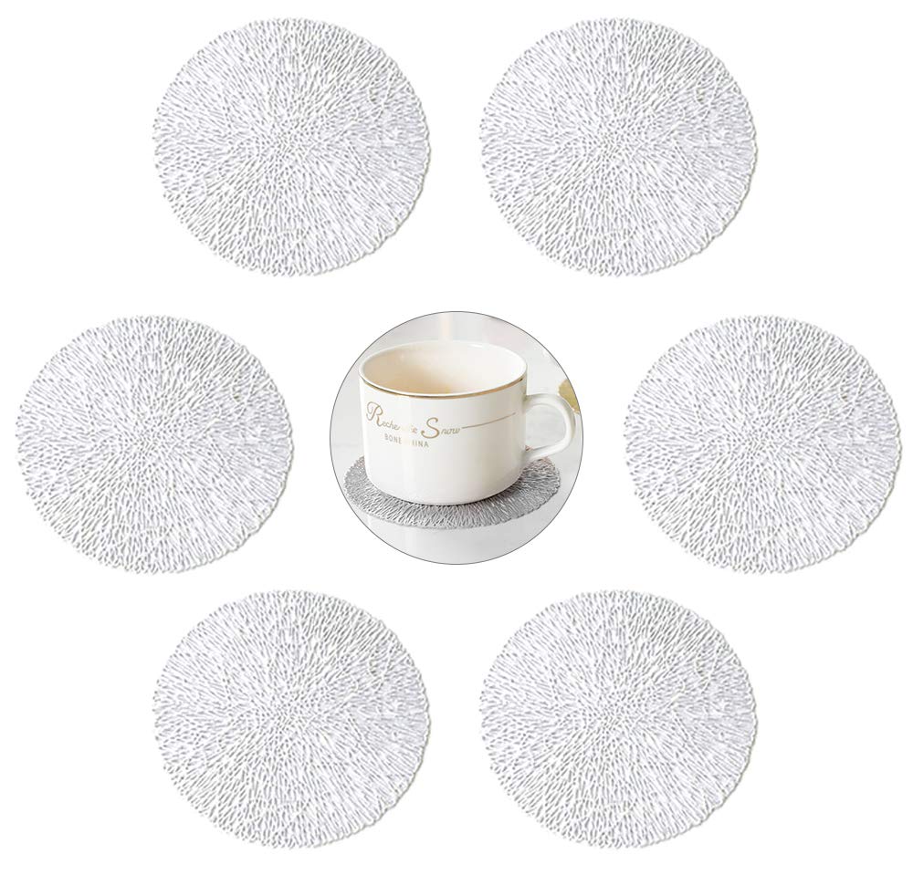 GLOBALDREAM Coasters, 6pcs Hollowed-Out Round Cup Coaster Metallic Round Coffee Coasters Table Decorative Non-Slip Drinks Coasters PVC Insulation Pads Mats(Silver, 10cm)