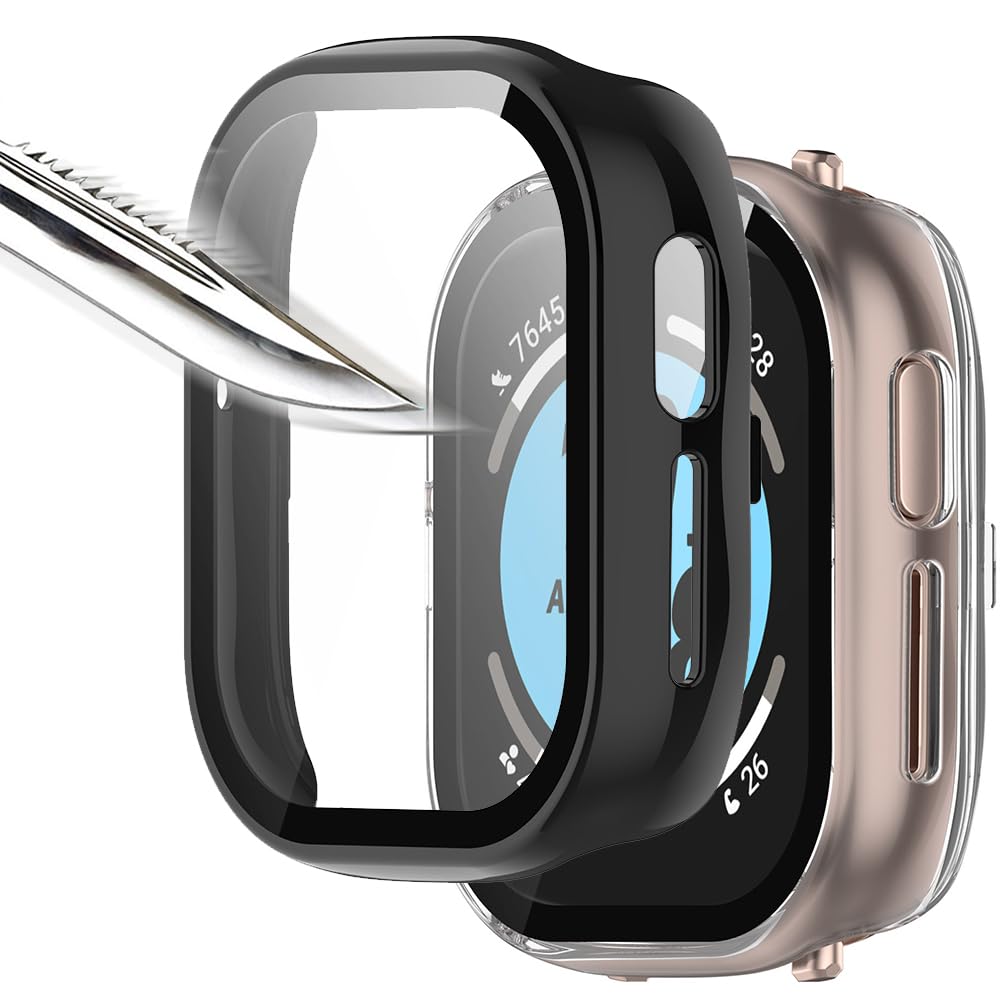 Msiall With Tempered Glass Screen Protector Protective Case Compatible with Honor Watch 4, Hard PC All-Round Screen Protector Ultra Thin Bubble-Free Against Scratches Protective Case Transparent Black