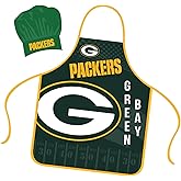 Mojo Licensing Green Bay Packers Apron Chef Hat Set Full Color Universal Size Tie Back Grilling Tailgate BBQ Cooking Host