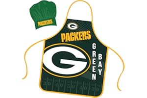 Mojo Licensing Green Bay Packers Apron Chef Hat Set Full Color Universal Size Tie Back Grilling Tailgate BBQ Cooking Host