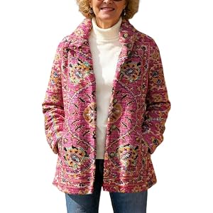 Akivide Women's Boho Colorful Floral Graphic Print Oversized Coat Winter Warm Long Sleeve Fleece Outerwear with Pockets