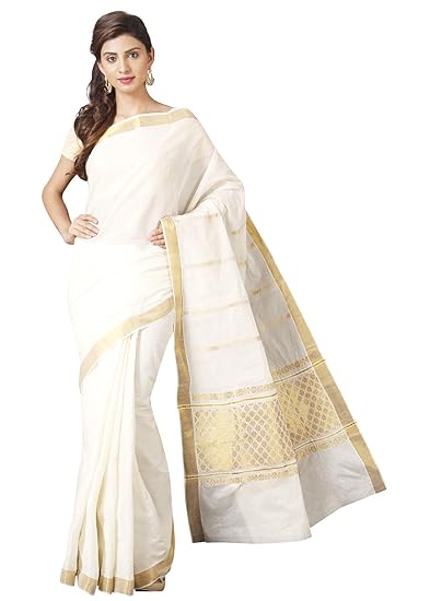 Women's Cotton Kasavu Saree with Blouse Piece (MK4138; White)