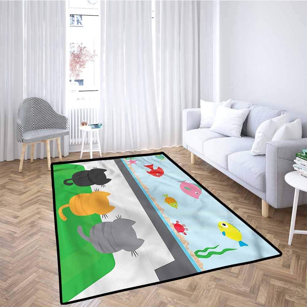 Cat Crawling Mat Kids Rug Cats Looking at Fish Tank Machine-Washable/Non-Slip 6x9 Feet