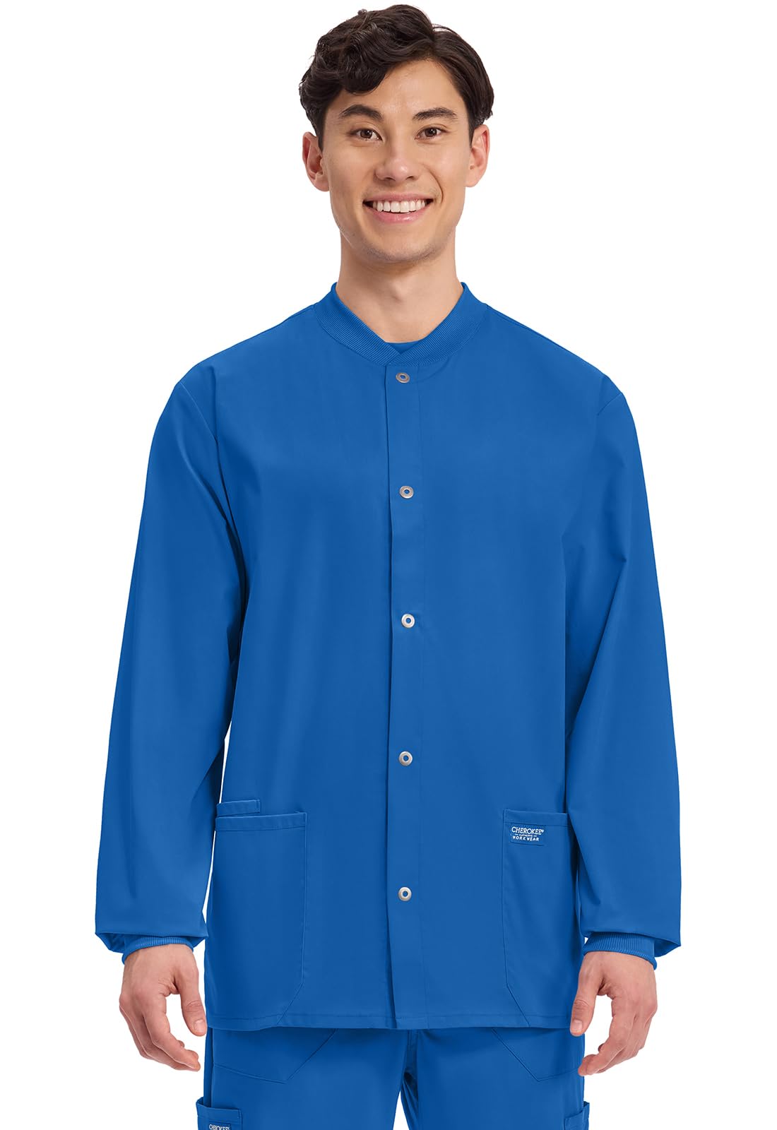 Chaqueta médica Cherokee para hombre, médica con broche frontal, 3 bolsillos, puños de punto, elástico bidireccional suave y resistente a la decoloración - WW360, M, Royal