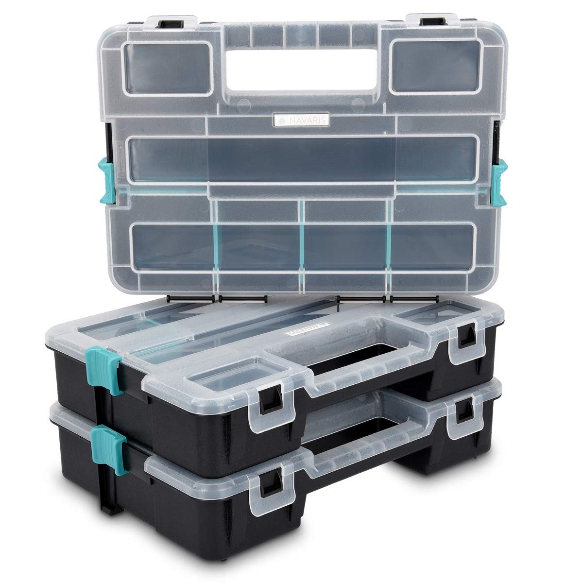 Navaris Plastic Storage Box - Stackable Organizer Case with Adjustable and Removable Divider Compartment for Tools, Small Items, Jewelry - 3 Boxes