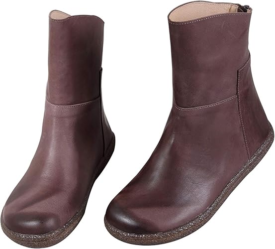 Amazon のグレープフルーツ プラム 新しいレトロな女性用ブーツ レザーアンクルブーツ 快適な フラットブーツ バックジッパー レディースブーツ ブーツ ブーティ