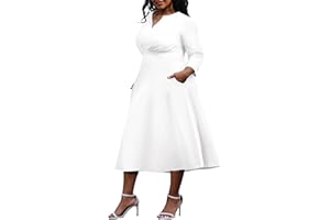 Nmoder Women's Plus Size Stretchy Flared Wrap Dress Casuel Wedding Guest Work Midi Dresses V Neck 3/4 Sleeve A-Line Dress
