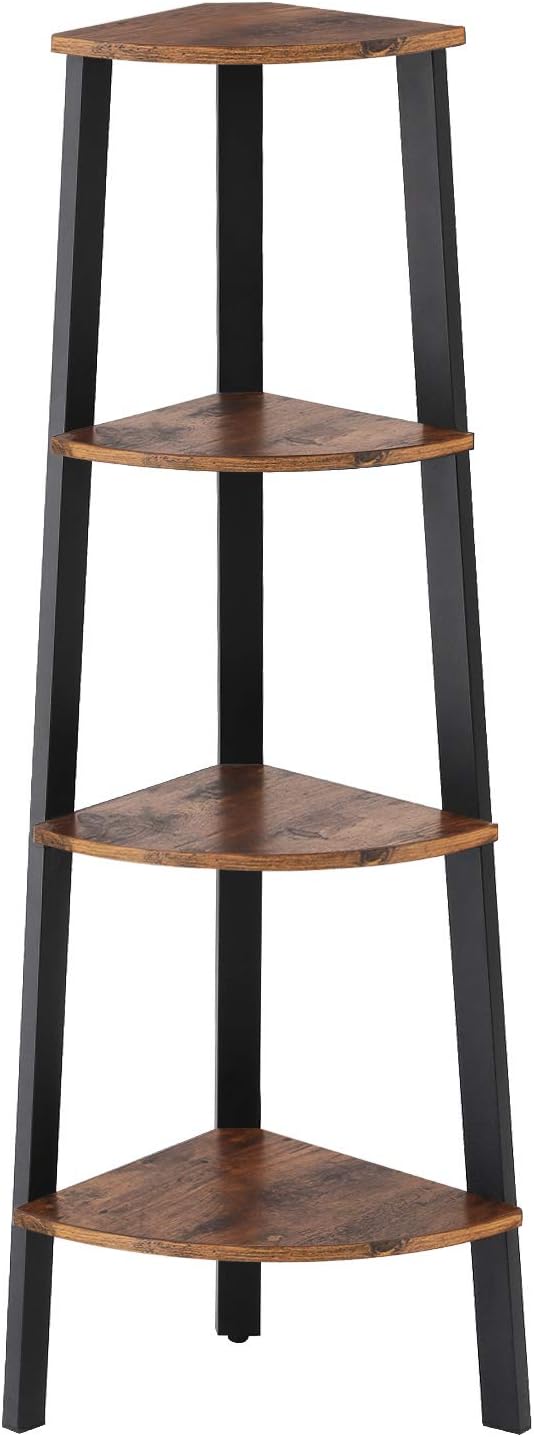 VASAGLE Industrial Corner Shelf, 4-Tier Bookcase, Storage Rack, Plant Stand for Home Office, Wood Look Accent Furniture with Metal Frame, Rustic Brown ULLS34X: Home & Kitchen
