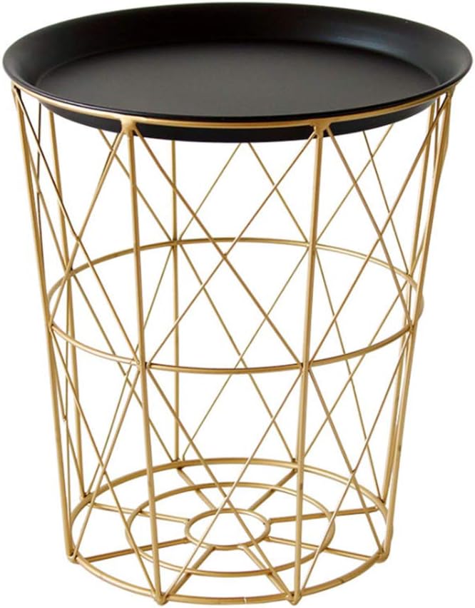 JZFUKSP Nordic Round Wrought Iron end Table - Sofa Side End Table with Metal Tary and Storage Basket Base for Home, Bedroom, Living Room and Patio, Black