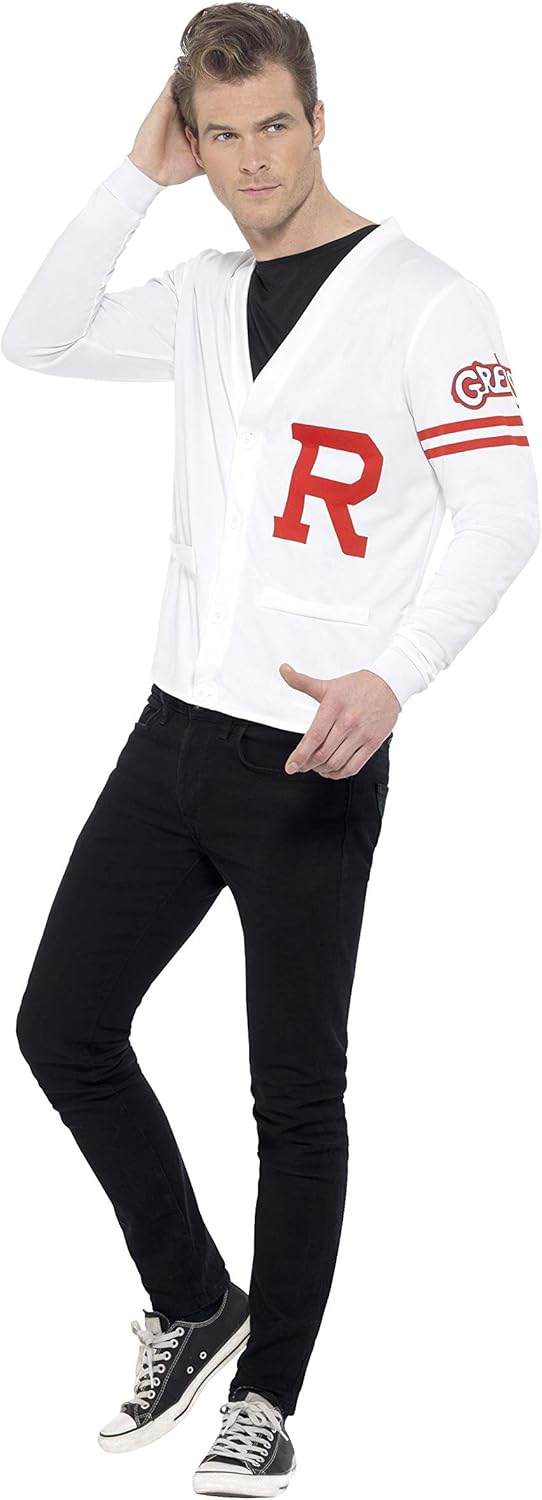 Smiffys-42898L Licenciado Oficialmente Disfraz de Rydell Prep de Grease, con Chaleco de Punto, Color Blanco, L-Tamaño 42