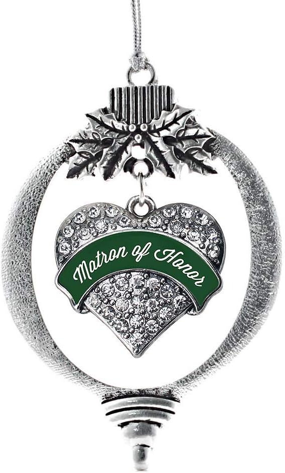 Inspired Silver - Forest Green Matron of Honor Charm Ornament - Silver Pave Heart Charm Holiday Ornaments with Cubic Zirconia Jewelry
