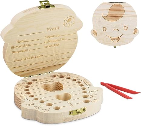 Leche dientes lata, komake Madera Leche dientes dientes – Caja para guardar dientes de leche Keep Sake Bote para dientes Baby, niños regalo de cumpleaños con pinzas [Alemán Versión]: Amazon.es: Bebé