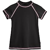 Made in USA Short Sleeve Big Girls' Rashguard Swimming Suit Swim Tshirt Tee UPF50+ Sun Protection for Beach Pool Summer Fun, SS Black/Pink, 8