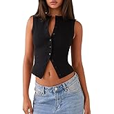 Meihuida Women Ribbed Button Down Y2k Going Out Crop Tank Top Sleeveless Knit Vest Tops