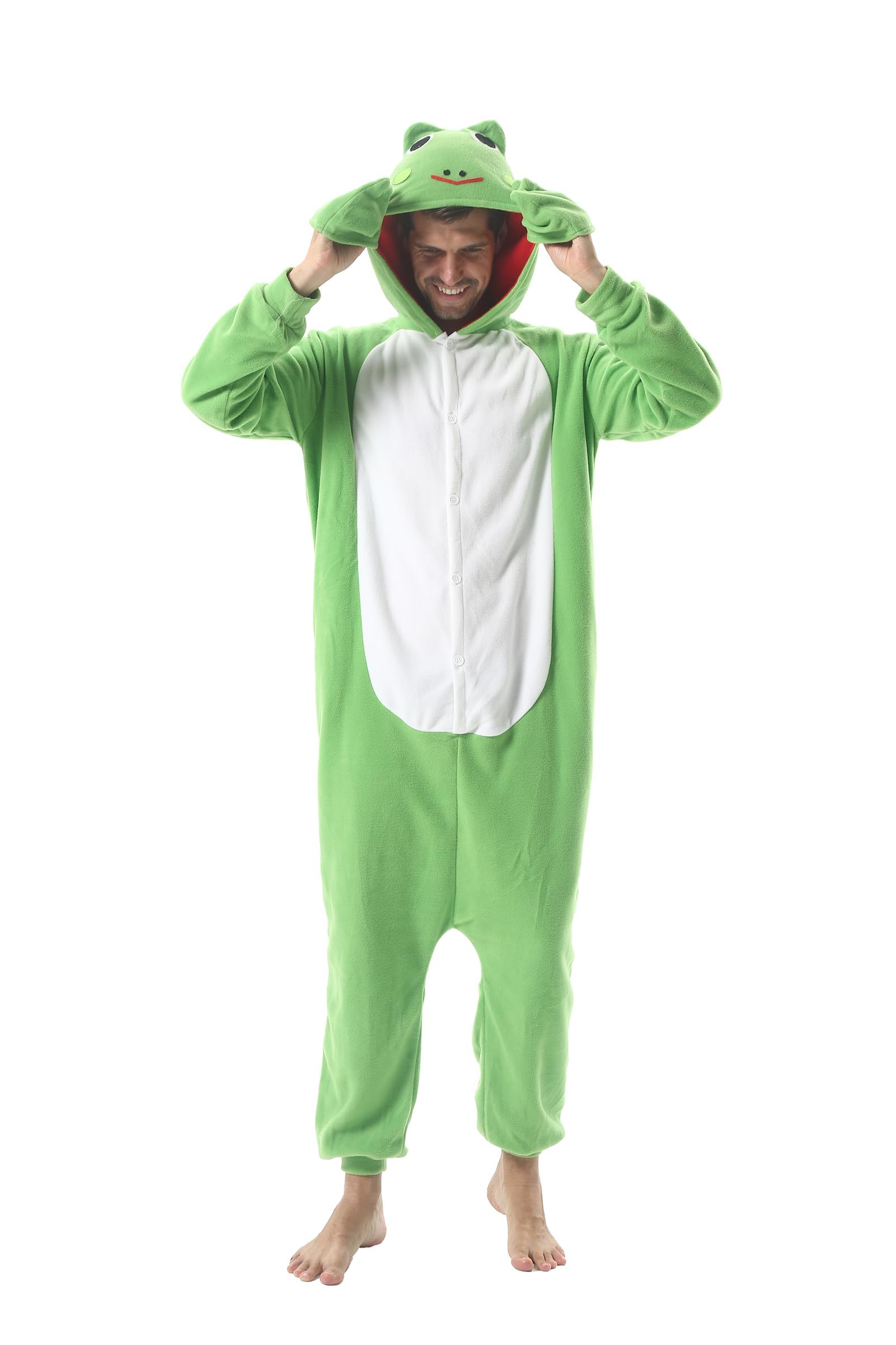 View 1 of (used)(minor damage) DarkCom Unisex Adult Animal Halloween Costume Onesie Christmas Pajamas Cosplay Frog Homewear One Piece Unisex Sleepwear Medium