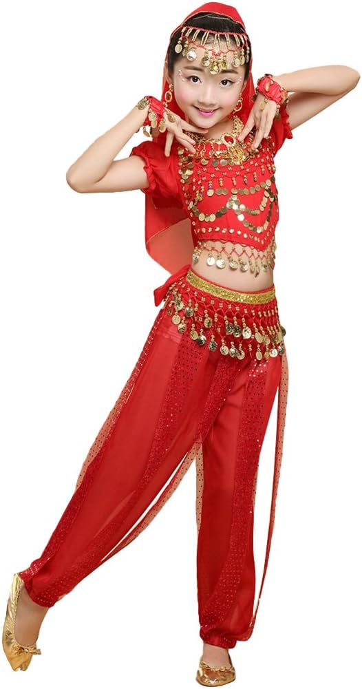 Anguang Children Girl's Belly Dance Costume Short Sleeve Bandage Crop Top Casual Pants