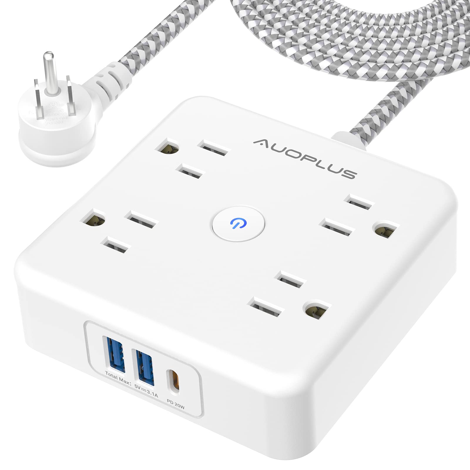 AUOPLUS Surge Protector Power Strip - 4 Widely Outlets with 3 USB Ports(1 USB C Outlet/PD 20W), Outlet Extender with 5FT Braided Extension Cord, Wall Mount for Travel Home Office, Dorm Essentials
