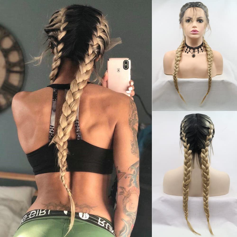 Ombre Blonde Double Braids Wig 2x Twist Braided Wig With Baby Hair Long Blonde Synthetic Lace Front Wigs for Women Natural Daily Wear Wig Party Wig