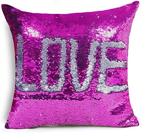 USONG Mermaid Pillow Case Magical Color Changing Reversible Sequin Throw Cushion Cover 16 x 16 (Rose red&Silver)