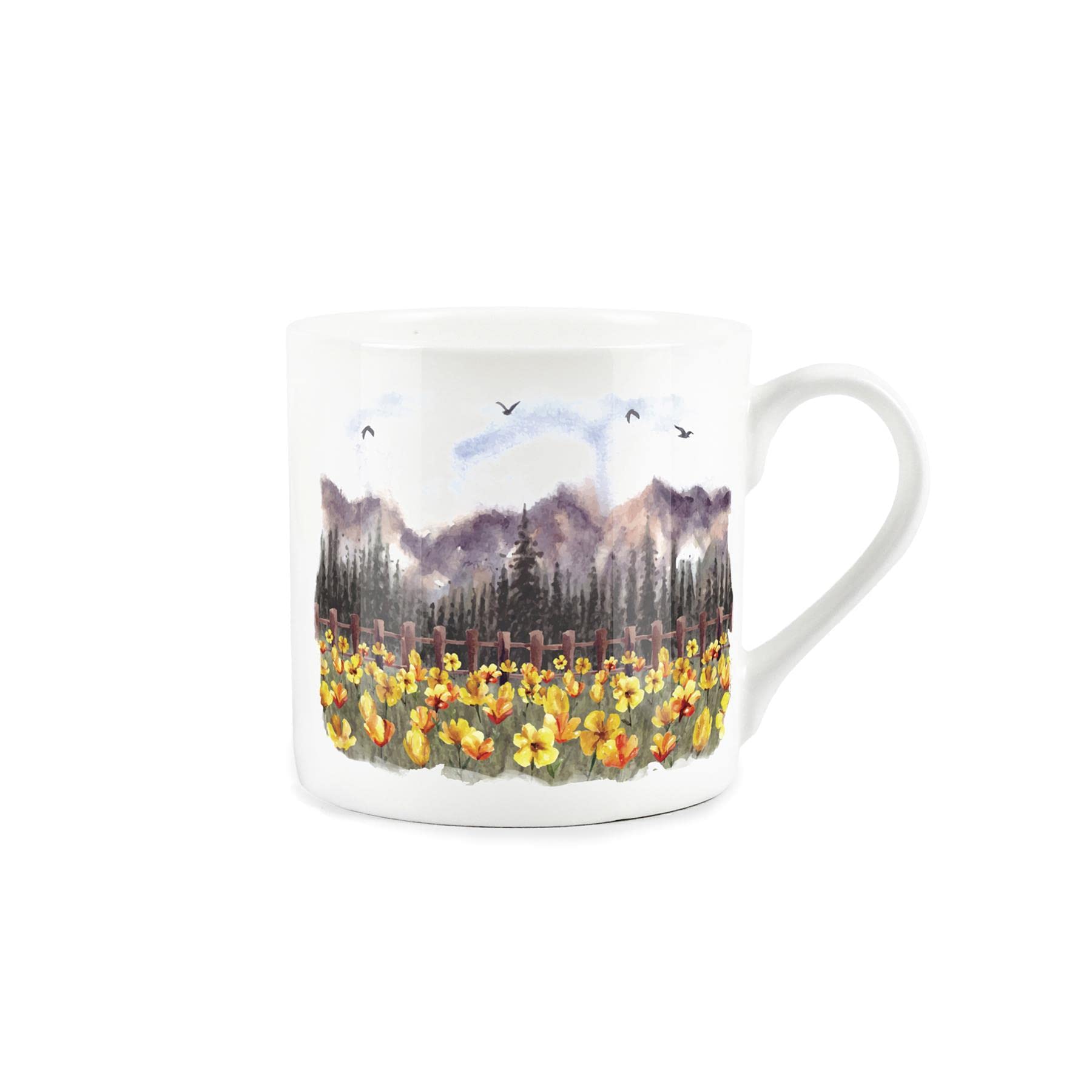 Purely Home Painted Scenes Yellow Flower Meadow Design Mug - Fine Bone China White Mug Coffee/Tea Gift