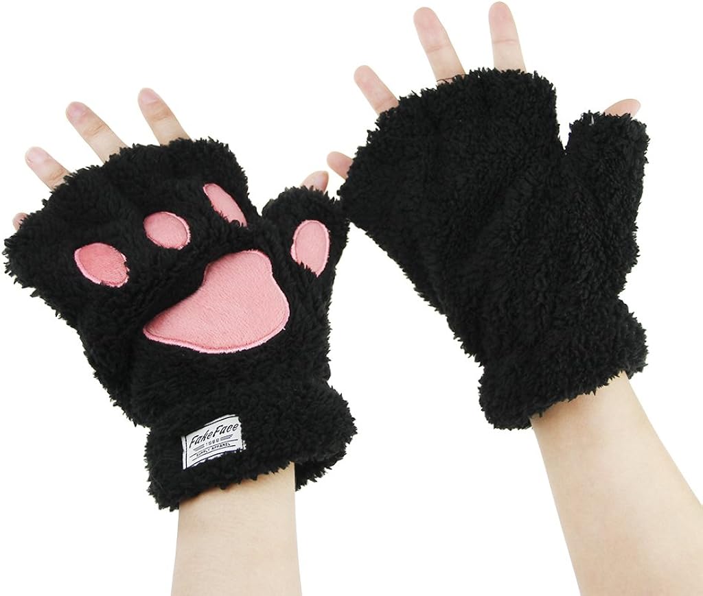 FakeFace Cute Cat Kitten Paw Fingerless Faux Fur Plush Gloves For Girls Women, Black, Small at  Women’s Clothing store