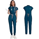 SOEDZUNG Women's Scrubs Jumpsuit - Soft Stretch Medical Scrub Set with Pockets, Comfortable Nurse & Doctor Workwear(Blue,S)