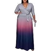 Runwind Plus Size Dresses for Women Gradient Maxi Dress Flowy 3/4 Sleeve with Belt