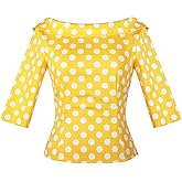 YARN & INK Women's 1950s Vintage Pinup Tops, Back Bow Tie Cute Rockabilly Elegant Shirt, Medium Sleeves Blouse