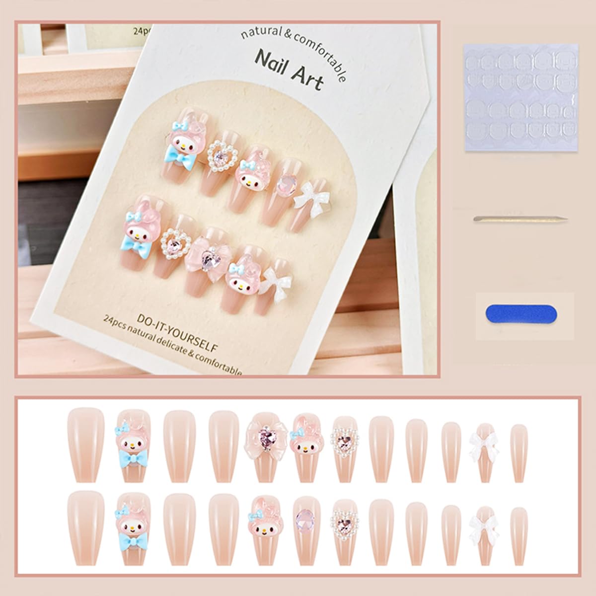24Pcs Nude Press on Nails Medium Square Fake Nails Glossy Glue on Nails with 3D Kawaii Heart Bow Charms Design French Stick on Nails Cute False Nails Artificial Acrylic Nails for Women Girls Manicure - Image 2