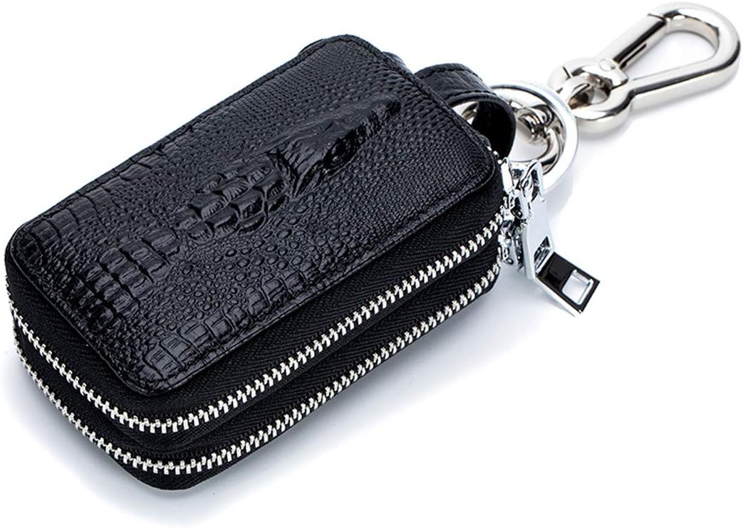 Aileder Car Key Case Leather Key Holder Wallet Bag Double Zipper Car Fob Pouch with KeyChain Key Ring for Men (Black Double Zipper)
