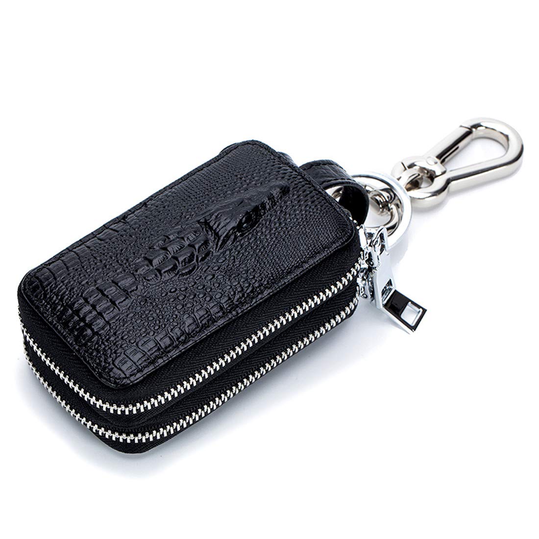 Aileder Car Key Case Leather Key Holder Wallet Bag Double Zipper Car Fob Pouch with KeyChain Key Ring for Men (Black Double Zipper)