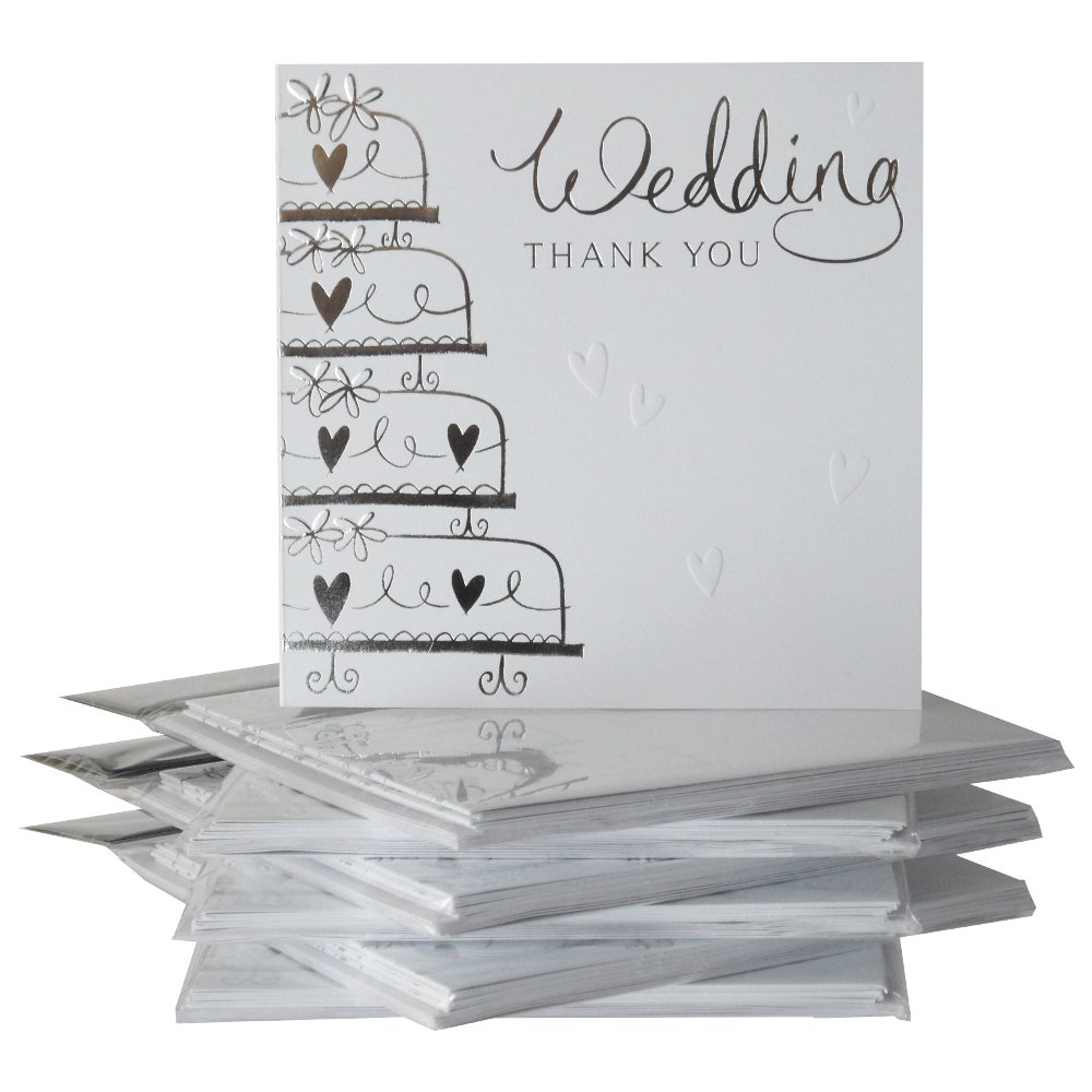 36 Simon Elvin Wedding Thank You Cards - White with silver embossed cake - New Dp292s