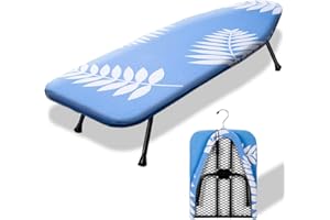 SheeChung Mini Ironing Board 12"x32",Tabletop Ironing Boards with Removable Cotton Cover and Pad,Mesh Metal Base Iron Table,Foldable Small Ironing Board for Home Dorm Travel,Blue Leaf