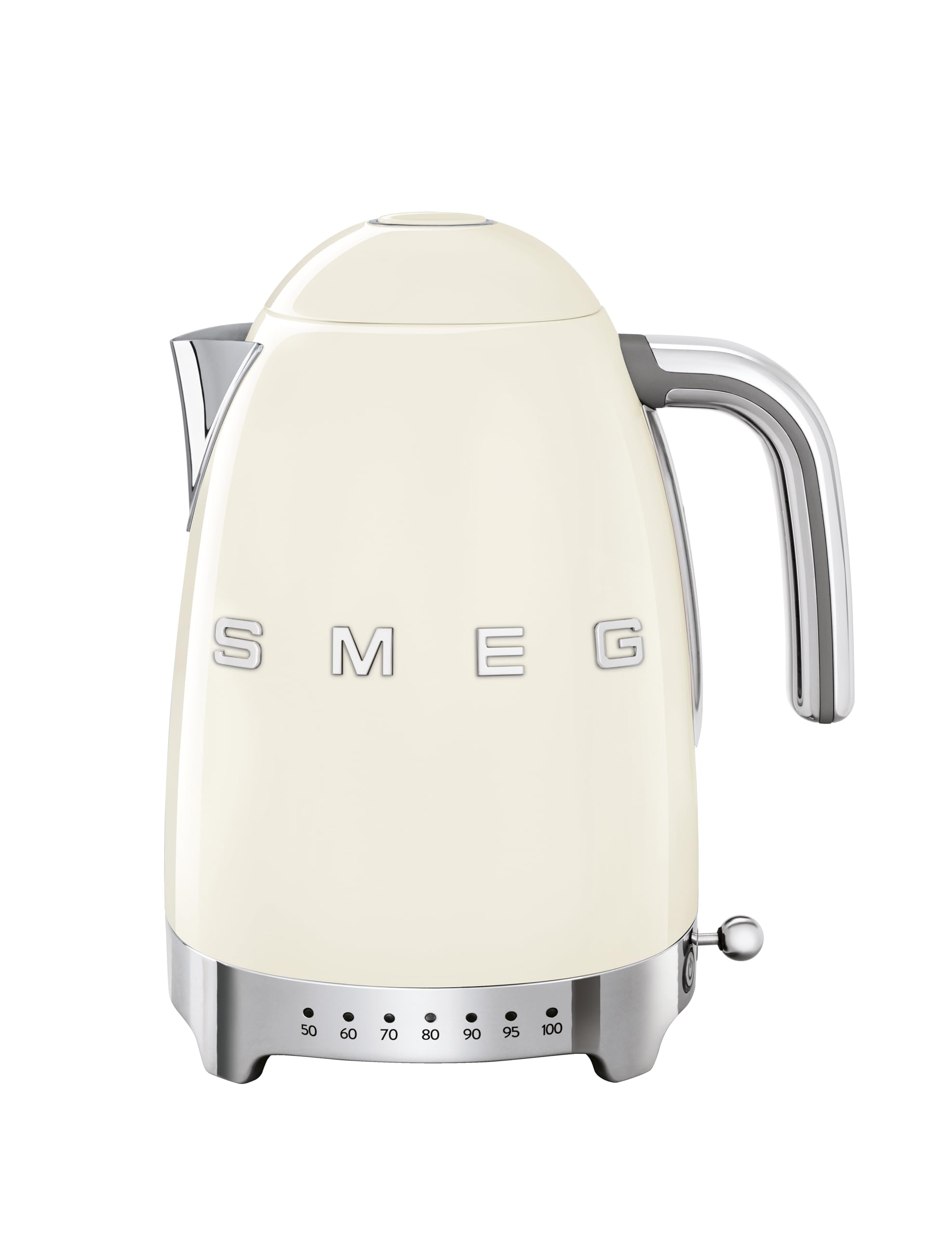 Smeg Hervidor eléctrico años 50 retro de 7 tazas de acero inoxidable con temperatura variable, 7 ajustes de temperatura, pantalla LED, base giratoria y función para mantener caliente, color crema KLF04CRUS