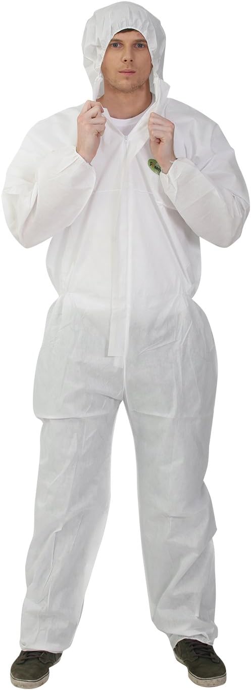 30303 SMS Disposable Hooded Coveralls Suit Dust Chemical Protective Elastic Wrist, Ankles, Waist Zipper Front Closure for Spray Painting Medical Cleaning Work