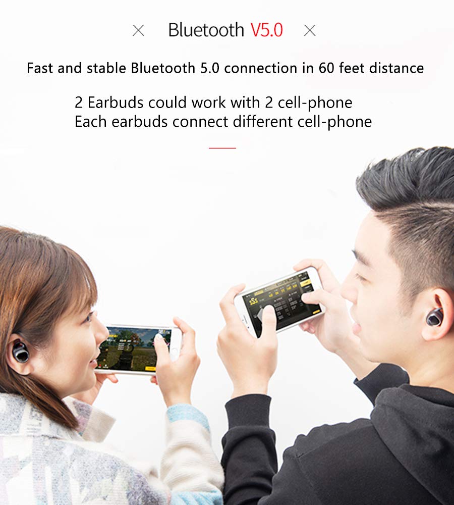 TWS Wireless-Earbuds Bluetooth 5.0 Headphones with Charging-Case, True Stereo Waterproof Noise-Cancelling, 6H Playback Time / 40H Cycle Playing Time, in-Ear Wireless Bluetooth Earbuds with Microphone