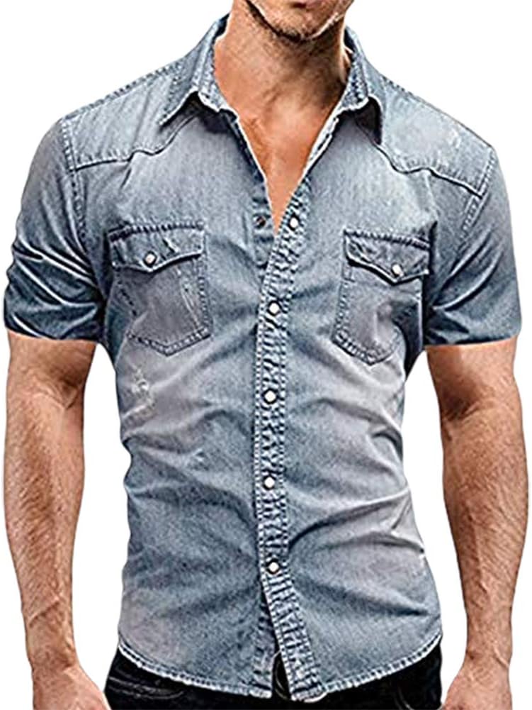 Men's Cowboy Casual Cotton Long Sleeve Denim Work Dress Shirt Jacket Slim Fit Shirts