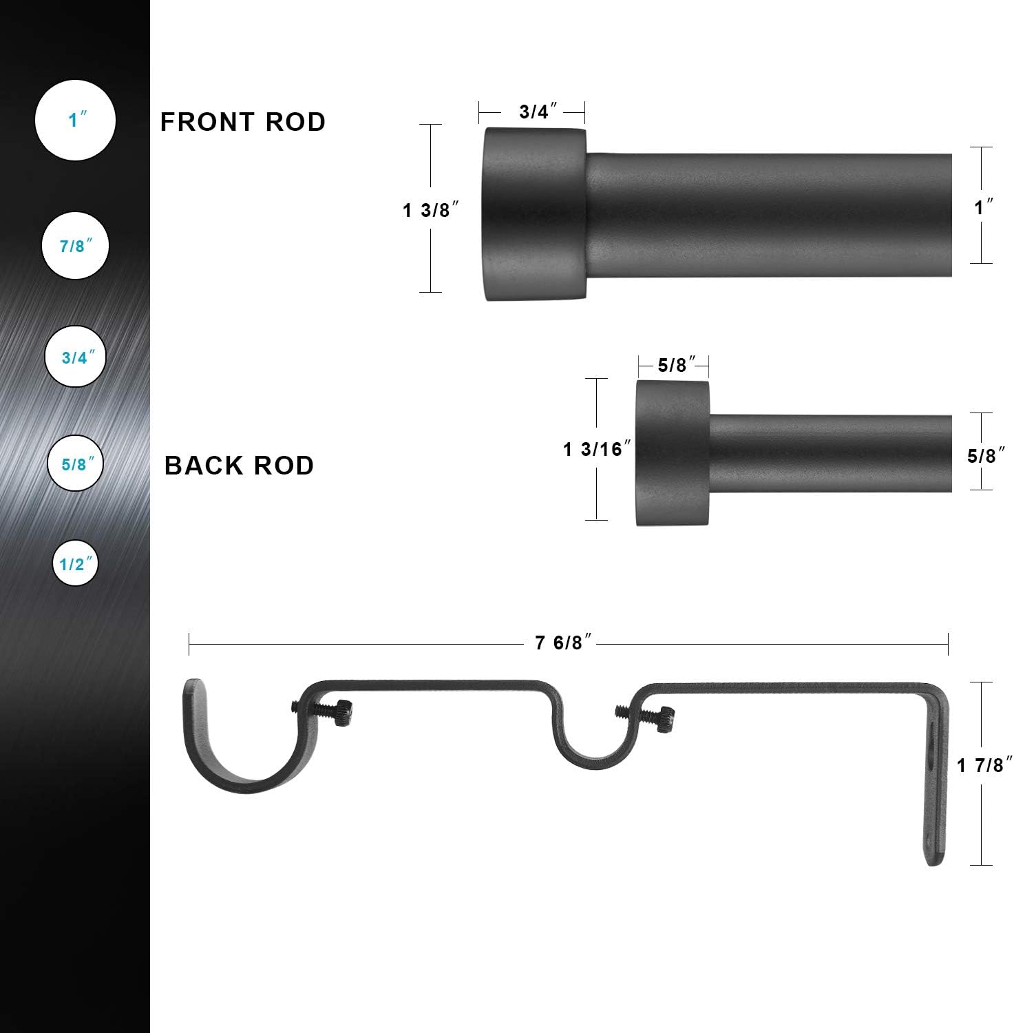 Double Curtain Rods for Windows,1-Inches Front and 3/4 Inches Back Metal Matte Black Window Curtain Rod,36-72 Inches Adjustable Drapery Rod with Premium Aluminum Finials: Home Improvement