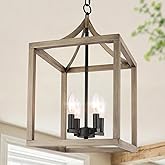 LPRZSG 4-Light Farmhouse Chandelier - Industrial Lantern Ceiling Fixture with Painted Wood Metal Cage, Geometric Pendant Chan