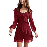 liher Womens Fall Dress Mesh V Neck Sheer Long Sleeve Ruffle Trim Cocktail Party Club Mini Dresses