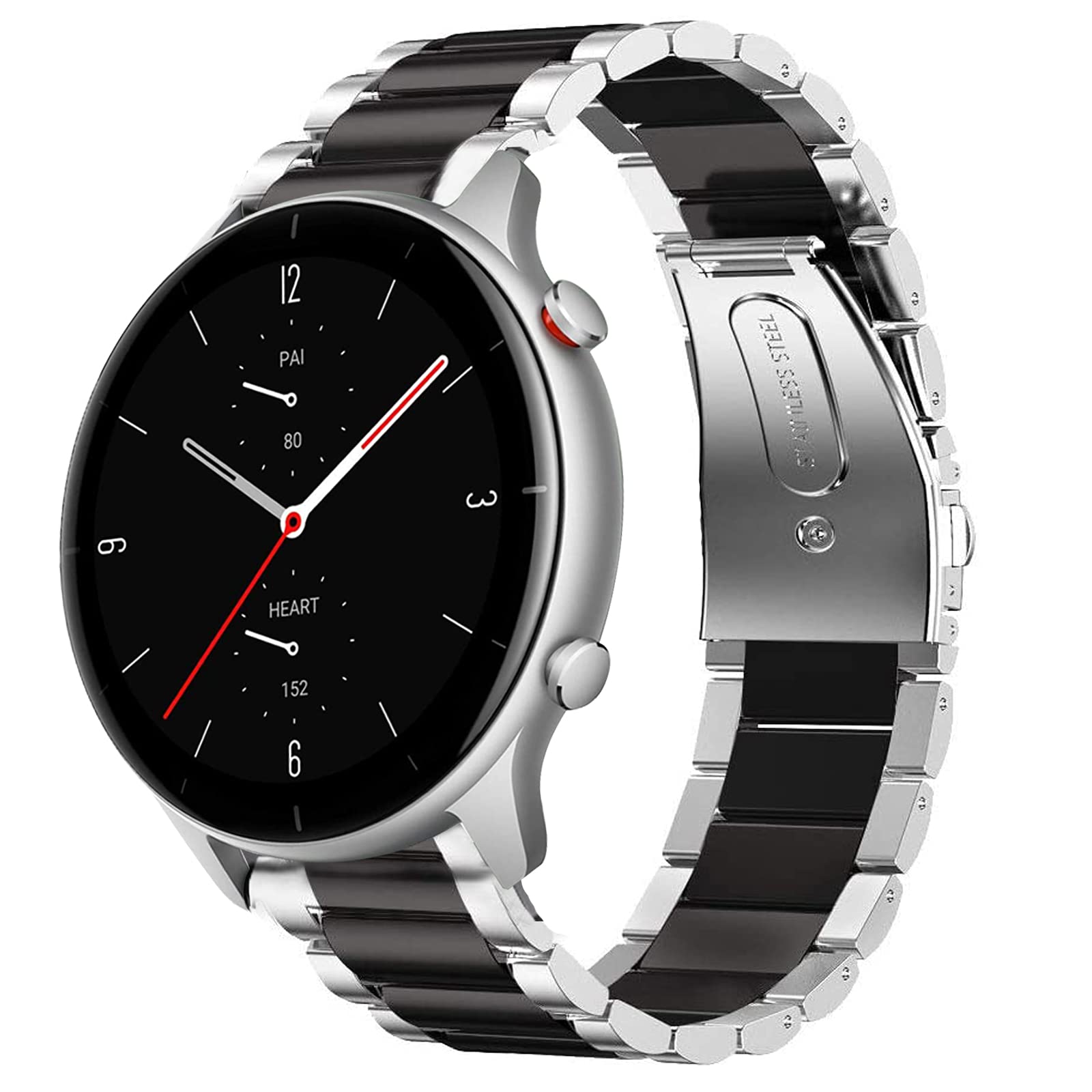 Compatible for Amazfit GTR 2e Bands, Giaogor Stainless Steel Metal Replacement Straps Compatible for Amazfit GTR 2e Smartwatch (Silver-Black)
