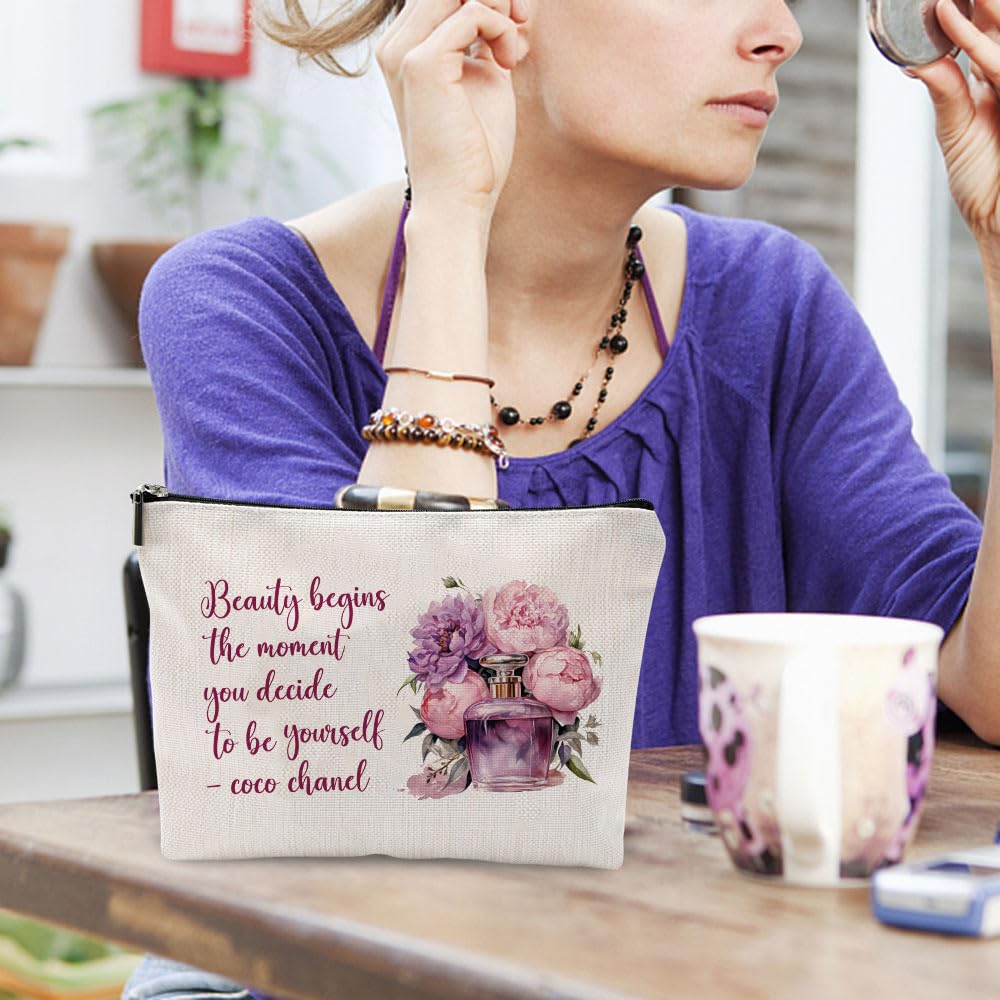 Coco Chanel Quotes Makeup Bag Fashion Gift for Girls Beauty Flower Fragrance Begins The Moment You Decide to Be Yourself - Waterproof Linen Toiletry Bag for