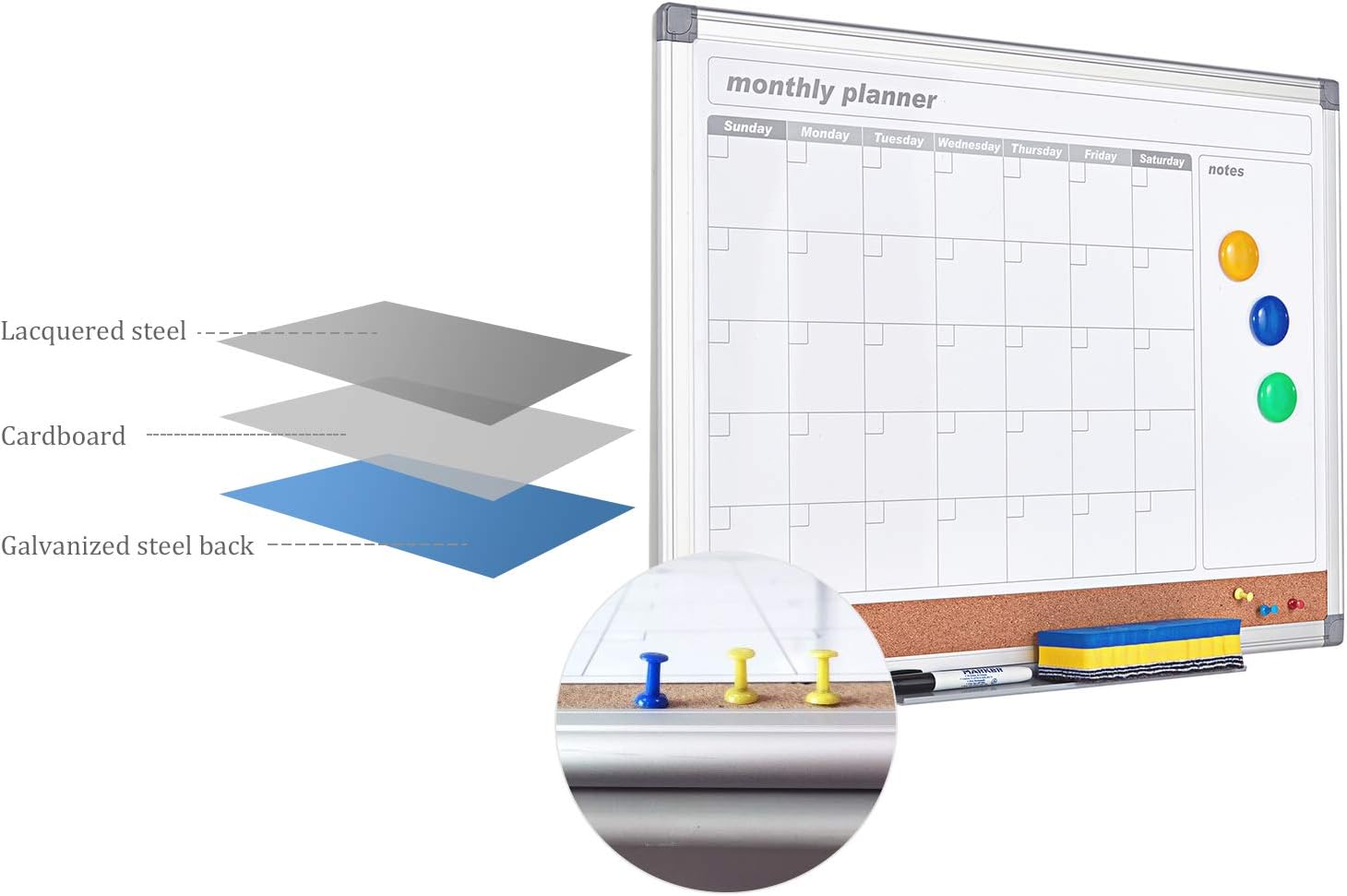 MAKELLO Monthly Calendar Whiteboard Dry Erase Cork Board Combo for Office Classroom, Kitchen and Bedroom, 60x45cm - Image 4