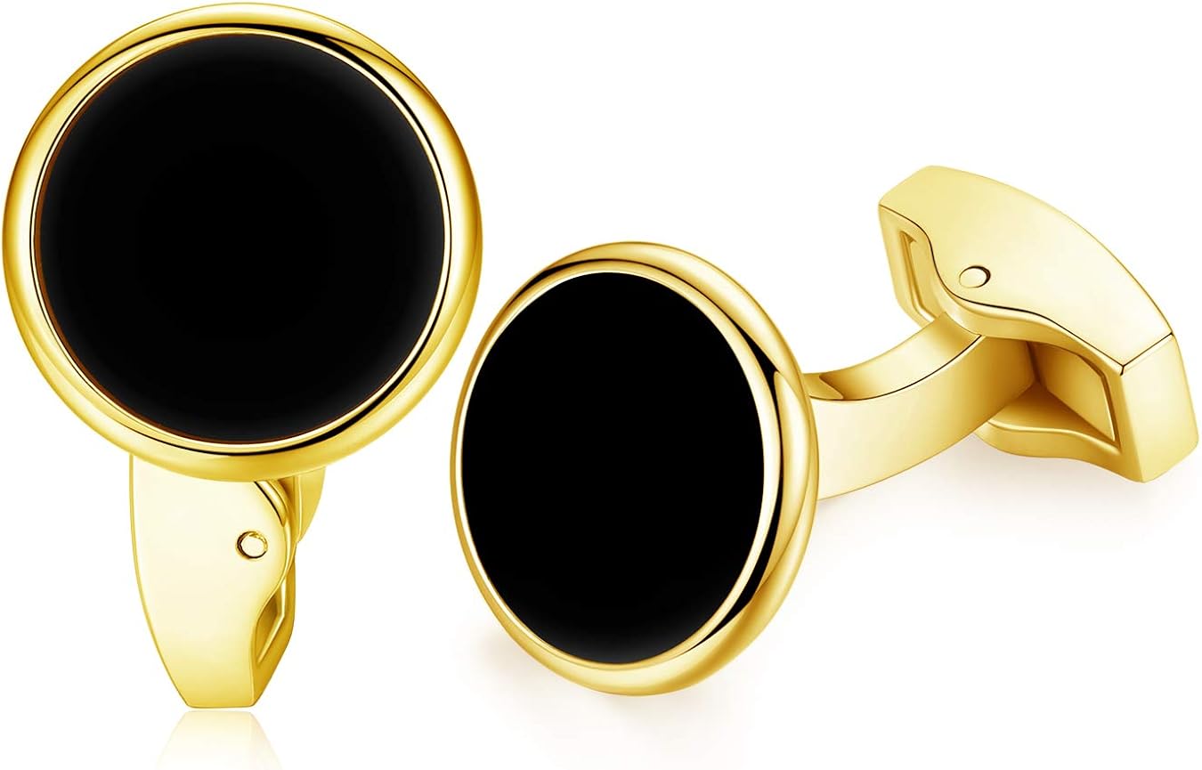 HONEY BEAR Round White Sea Shell/Black Onyx Agate Stone Cufflinks for Mens Shirt Wedding Business Gift Black with Gold